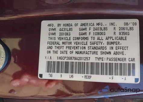 2009 Honda Accord 2.4 Ex-L from USA, damaged, VIN 1HGCP26879A201257